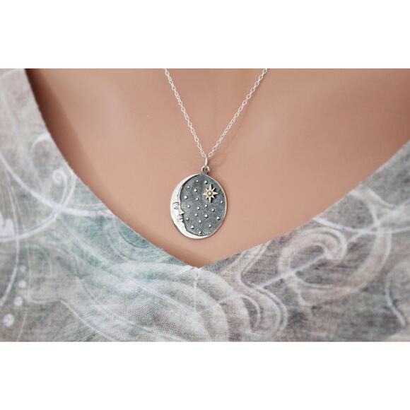 Sterling Silver Crescent Moon Face Pendant with Bronze Star Necklace - Picture 3 of 5